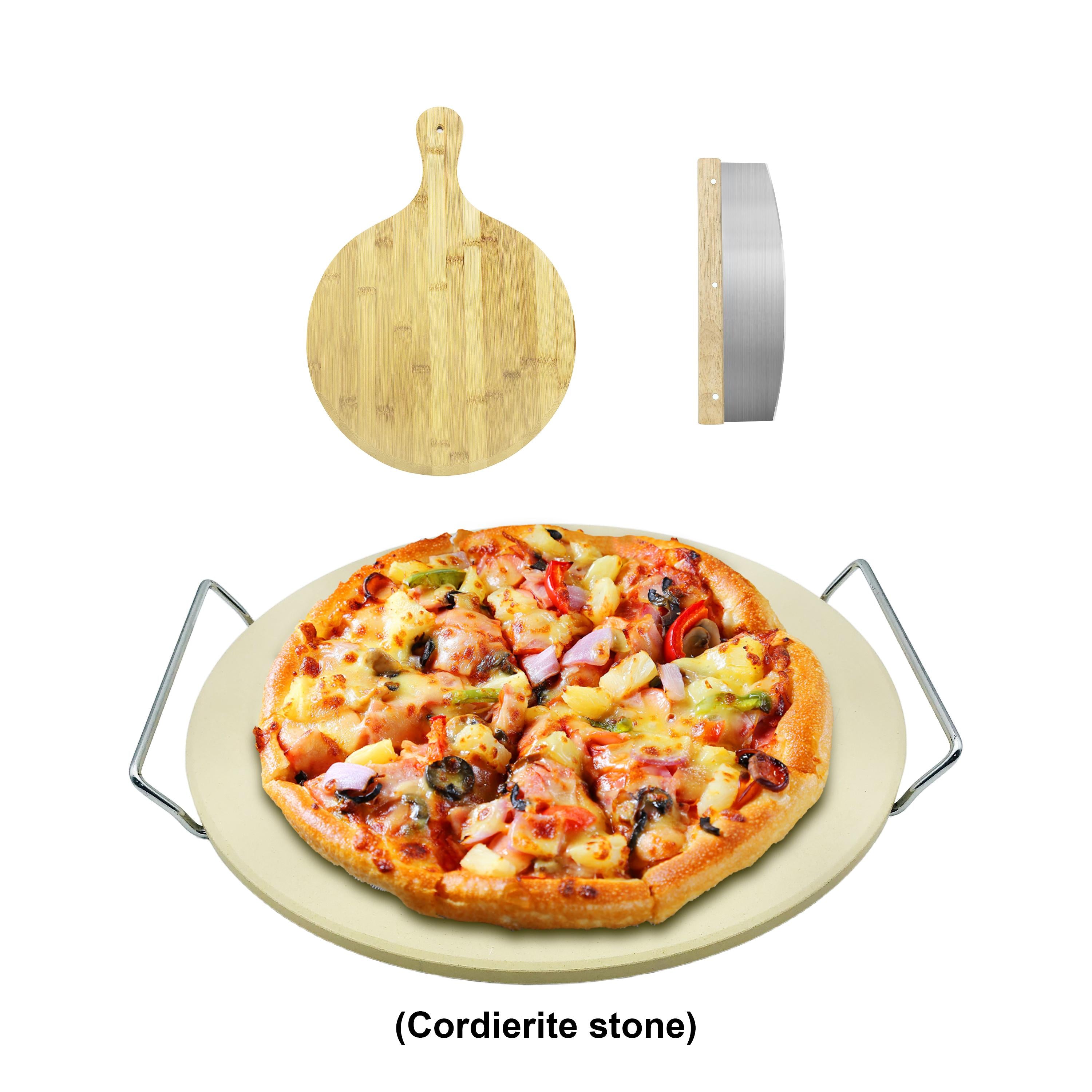 DOLCE MARE Pizza Stone In Set Incl. Wooden Pizza Slider & Pizza Cutter - Baking Stone Made