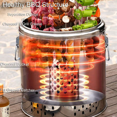Charcoal Barrel BBQ Grill w/ Skewers & Basket | Stainless Mesh for Meat & Veggies