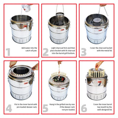 Charcoal Barrel BBQ Grill w/ Skewers & Basket | Stainless Mesh for Meat & Veggies