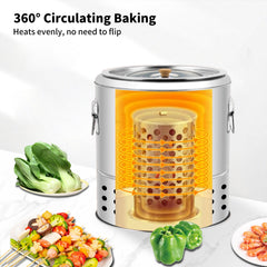 Charcoal Barrel BBQ Grill w/ Skewers & Basket | Stainless Mesh for Meat & Veggies