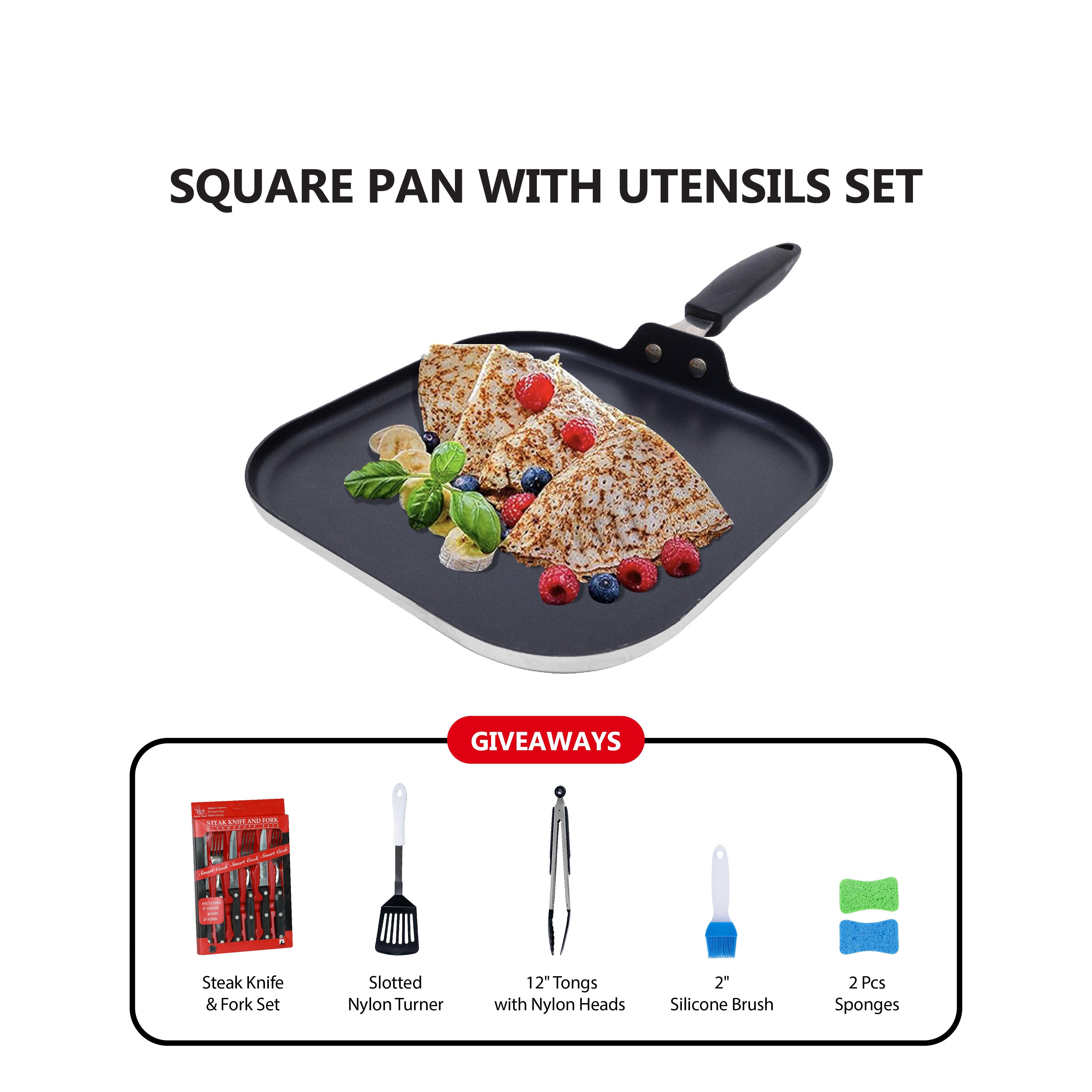 SmartCook 11" Non-Stick Square Aluminum Frying Pan/Grill Pan with Cutlery 12Pc Set