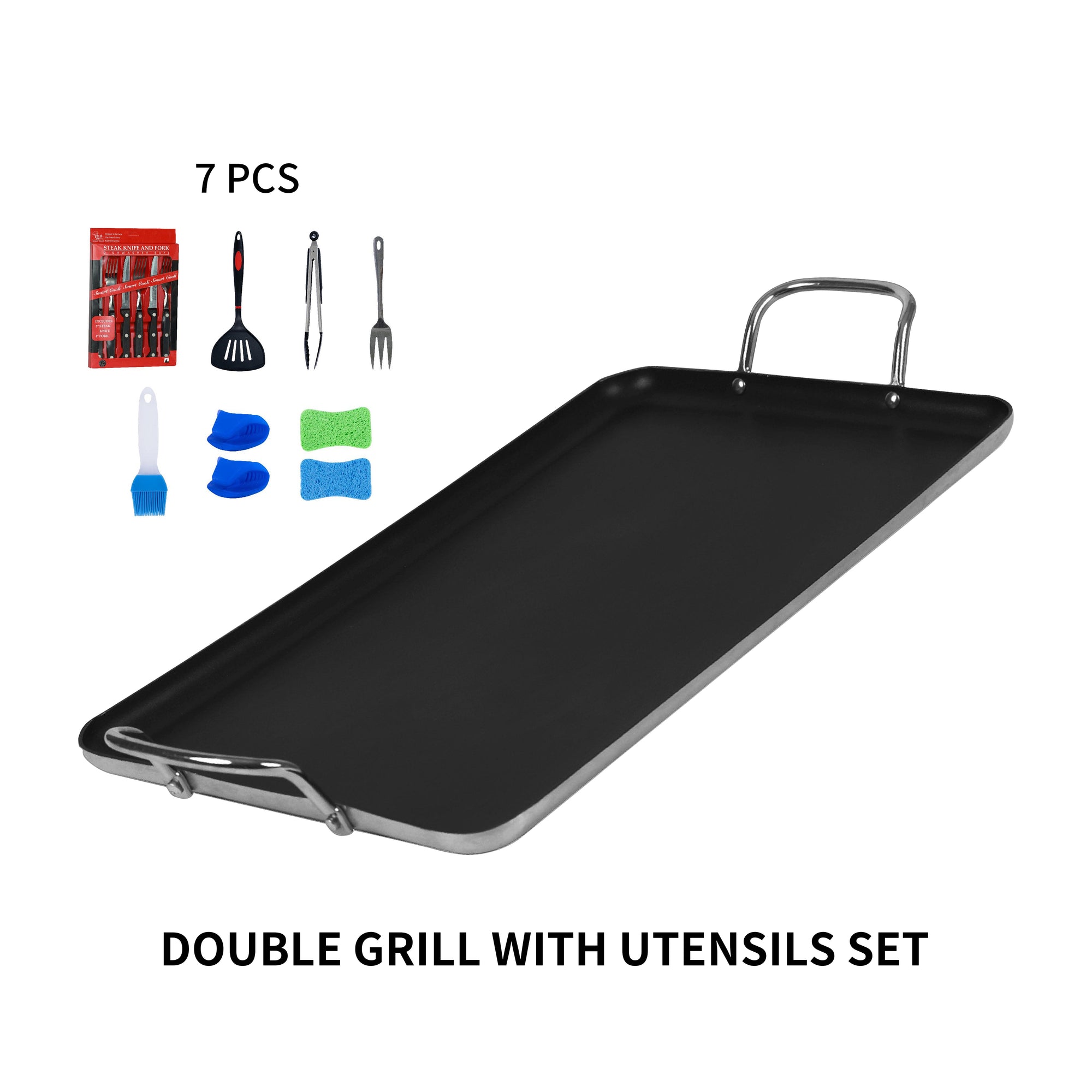 SmartCook Double Burner Non-Stick Fry Pan/Grill Pan and Utensil 15 Pc ...