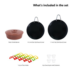 Smartcook 8" ,11 " 24 Pc Set of Non Stick Round Comals & Plastic Tortilla Warmer, Taco Holders