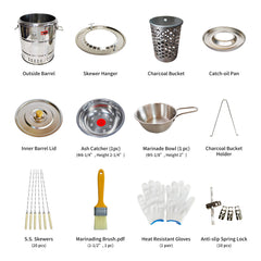 Charcoal Barrel BBQ Grill w/ Skewers & Basket | Stainless Mesh for Meat & Veggies